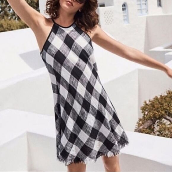 Bella Dahl black and white buffalo plaid halter dress with raw hem size M - Picture 3 of 8